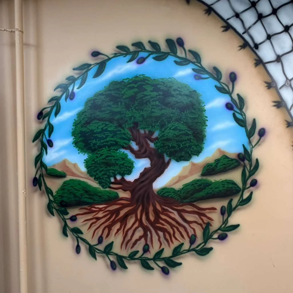 Olive tree mural inside Al Reef Bakery
