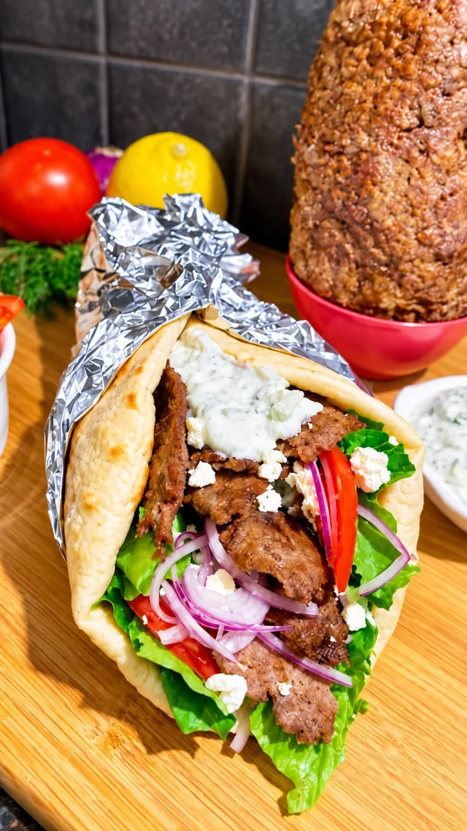 Beef gyro in pita with lettuce, tomato, onion, and white sauce