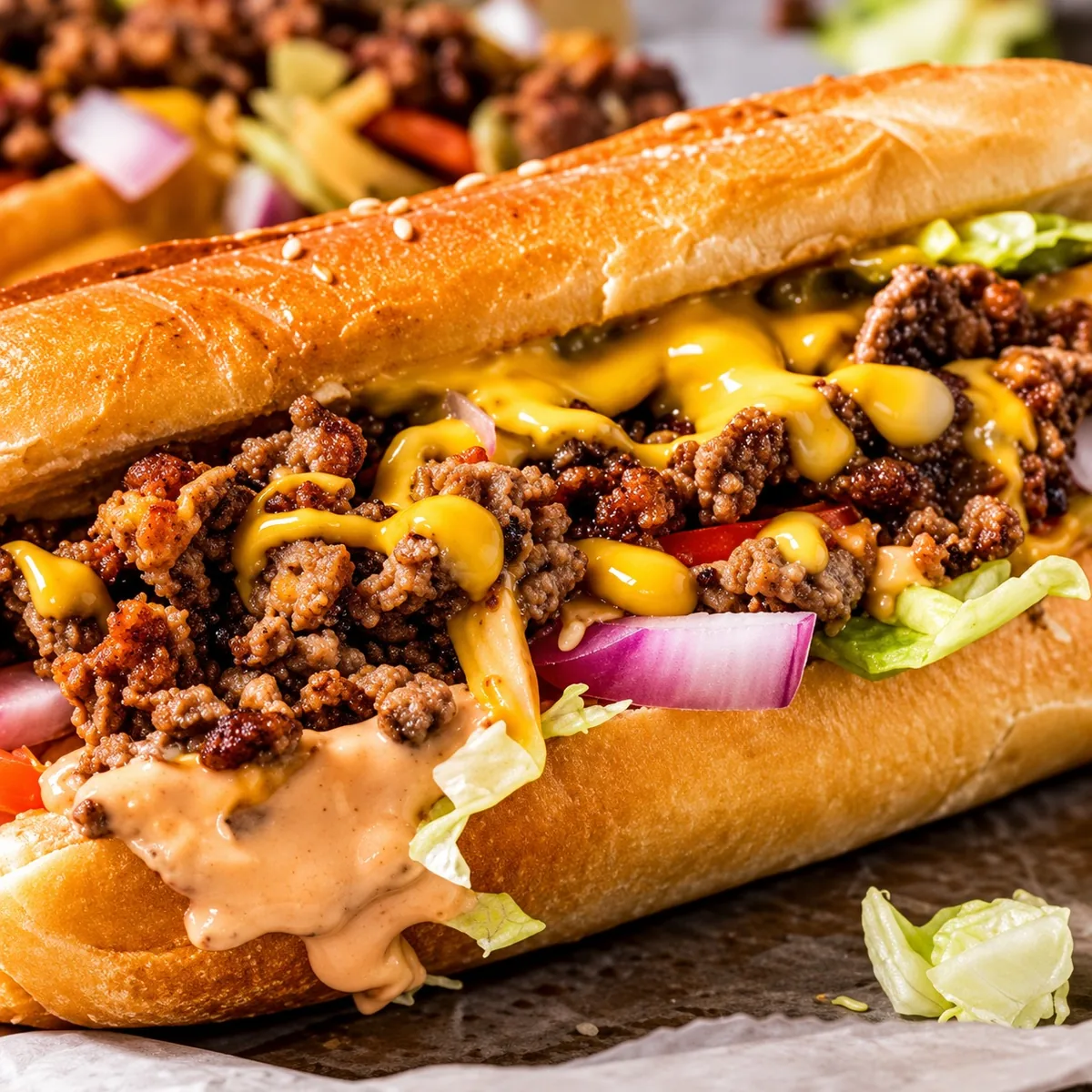 Chopped cheese sandwich with seasoned beef, melted cheese, onion, and lettuce