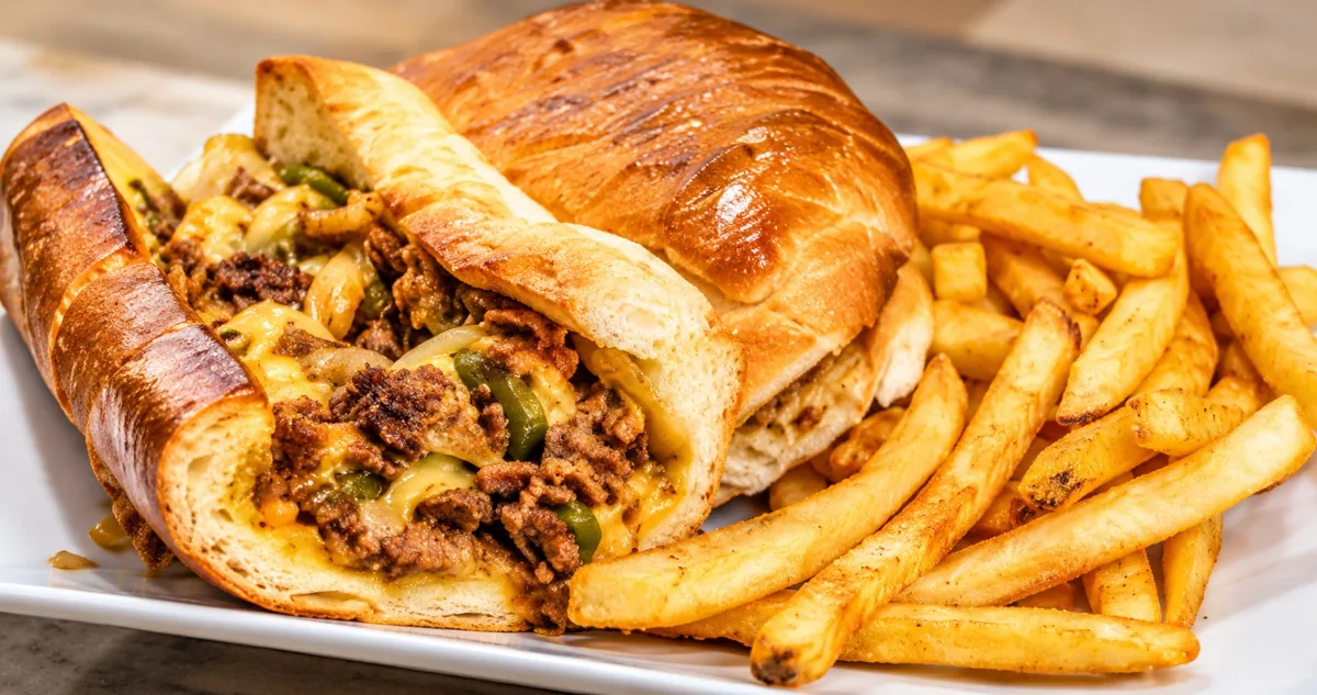 Philly cheesesteak on a toasted roll with beef, peppers, onions, and melted cheese