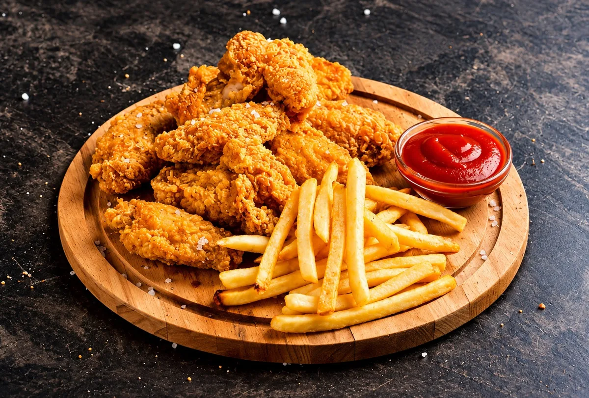 Crispy chicken tenders with french fries and ketchup