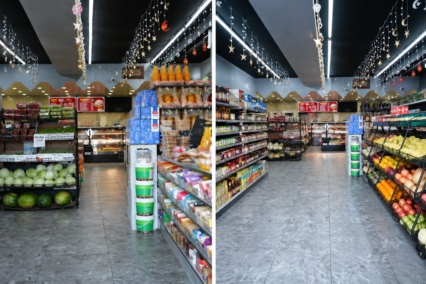 Inside Aljazeera Halal Meat Market — produce aisles and meat counter