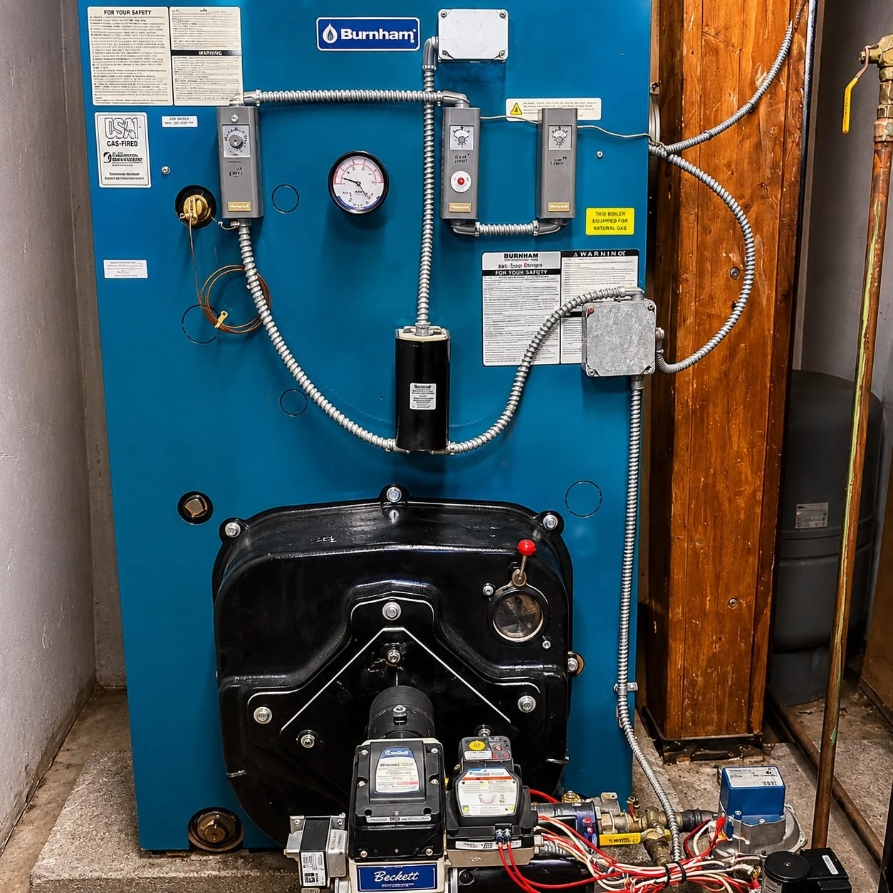 Commercial Burnham boiler with Beckett burner and Honeywell controls