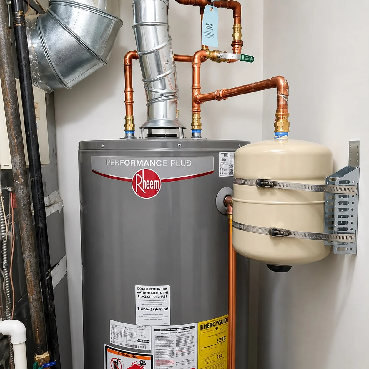 Residential Rheem water heater with expansion tank and copper piping