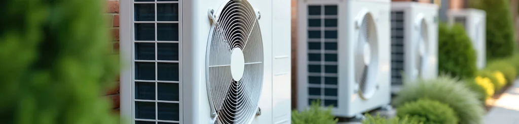 Row of residential air conditioning condenser units beside a home