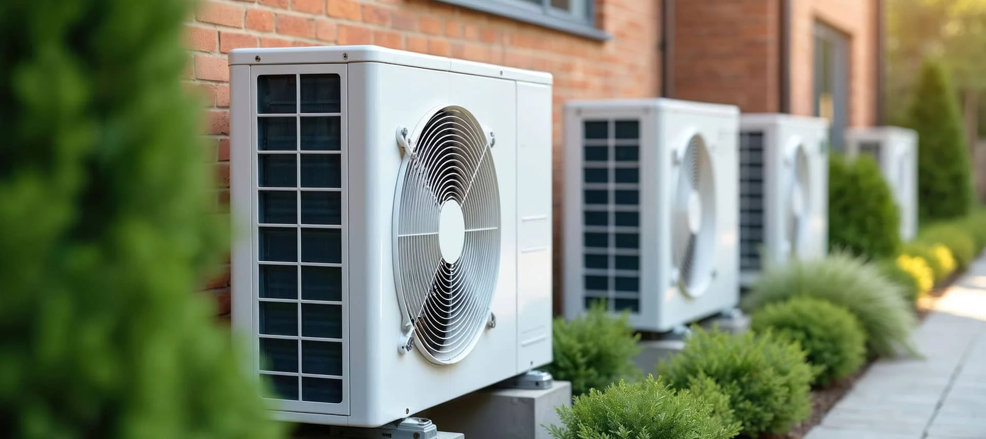 Outdoor heat pump and AC condenser units beside a brick building